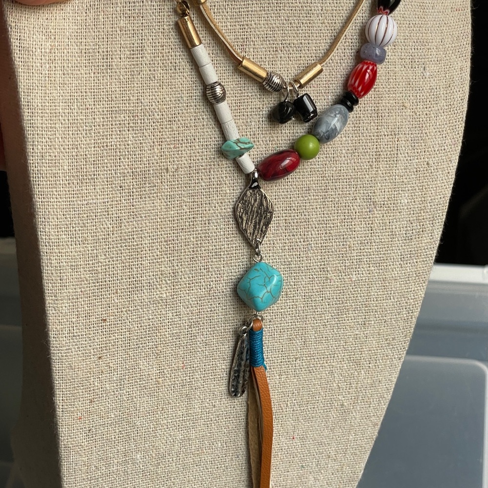 Colorful Beaded Lariat Layered Necklace with Turquoise & Silver Charms - Picture 16 of 16